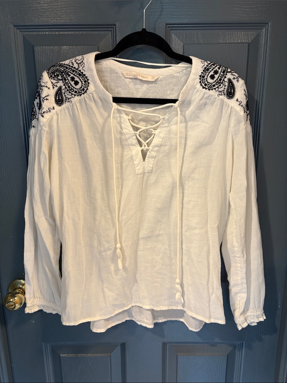 Zara cream Lace-Up Peasant Blouse with Black Embroidered Shoulders
